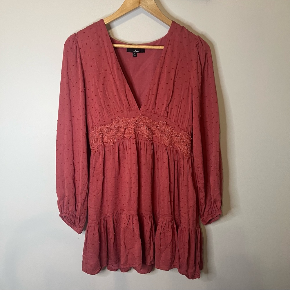 Lulus Dusty Rose Swiss Dot‎ Lace Babydoll Mini Dress Large Boho Romantic
